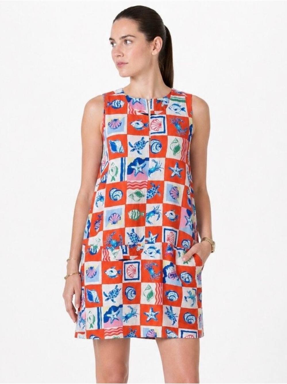 Magaschoni 100% Linen Nautical Seashell Shift Dress size small fully lined